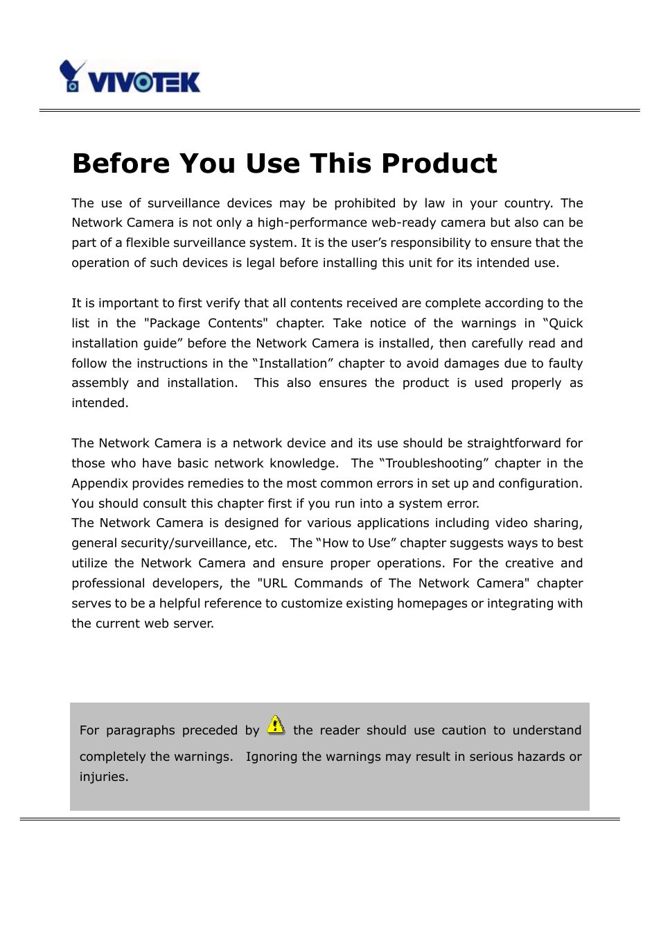Before you use this product | Vivotek PT3123 User Manual | Page 2 / 66