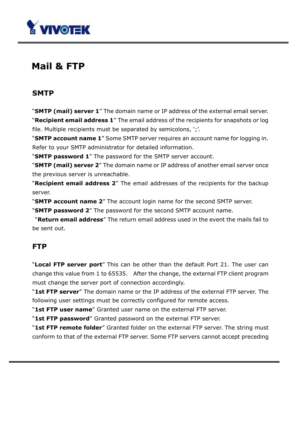 Mail & ftp, Smtp | Vivotek PT3123 User Manual | Page 37 / 66