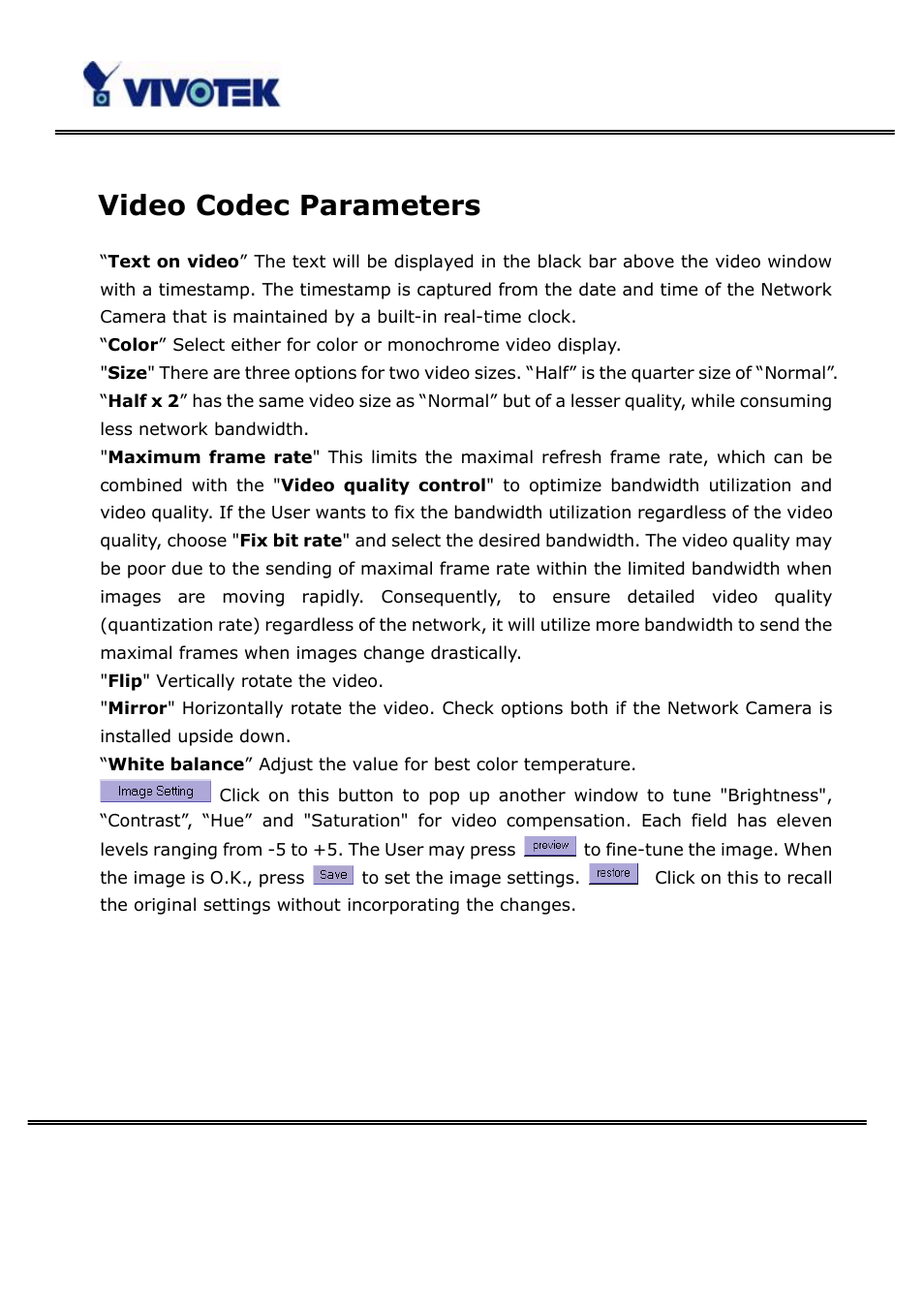 Video codec parameters | Vivotek PT3123 User Manual | Page 39 / 66