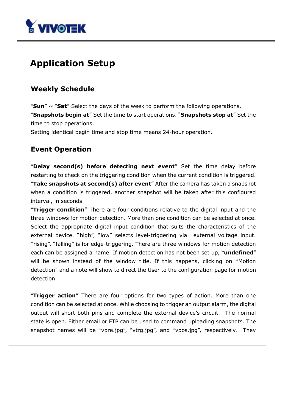 Application setup, Weekly schedule, Event operation | Vivotek PT3123 User Manual | Page 42 / 66