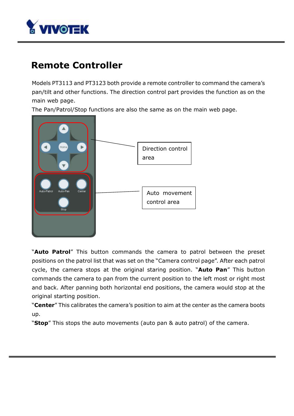 Remote controller | Vivotek PT3123 User Manual | Page 47 / 66