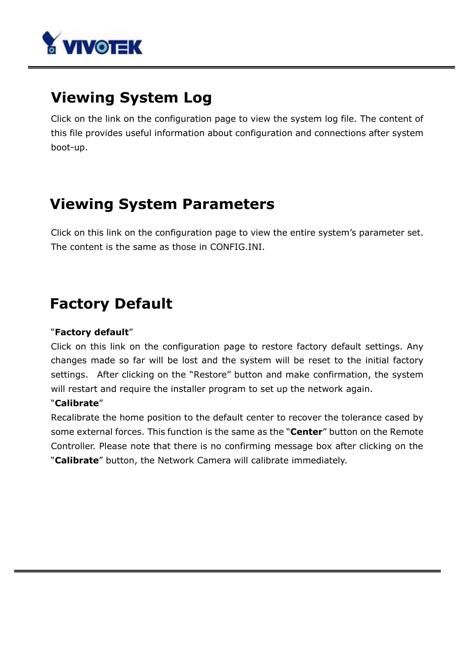 Viewing system log, Viewing system parameters, Factory default | Vivotek PT3123 User Manual | Page 48 / 66