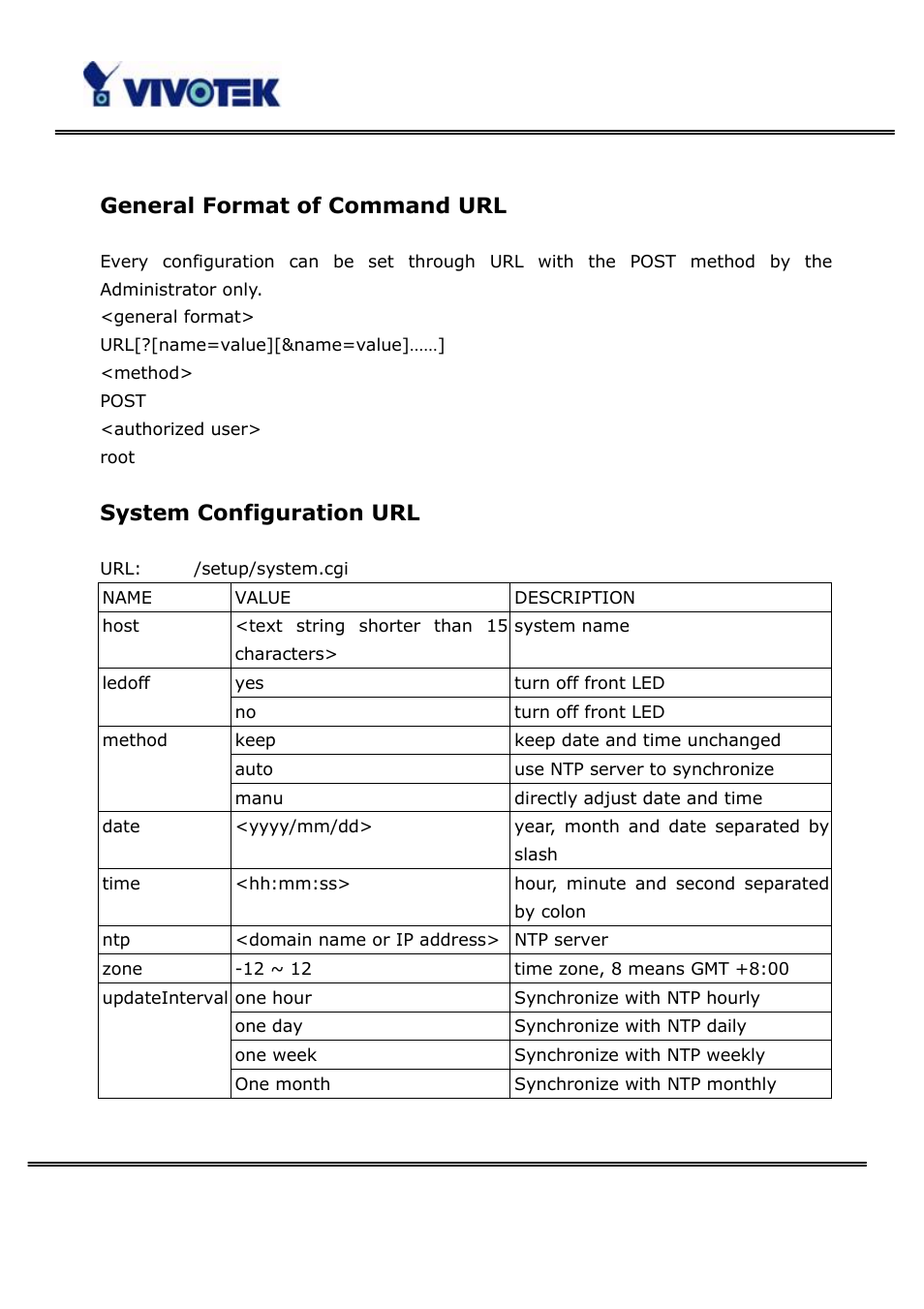General format of command url, System configuration url | Vivotek PT3123 User Manual | Page 56 / 66