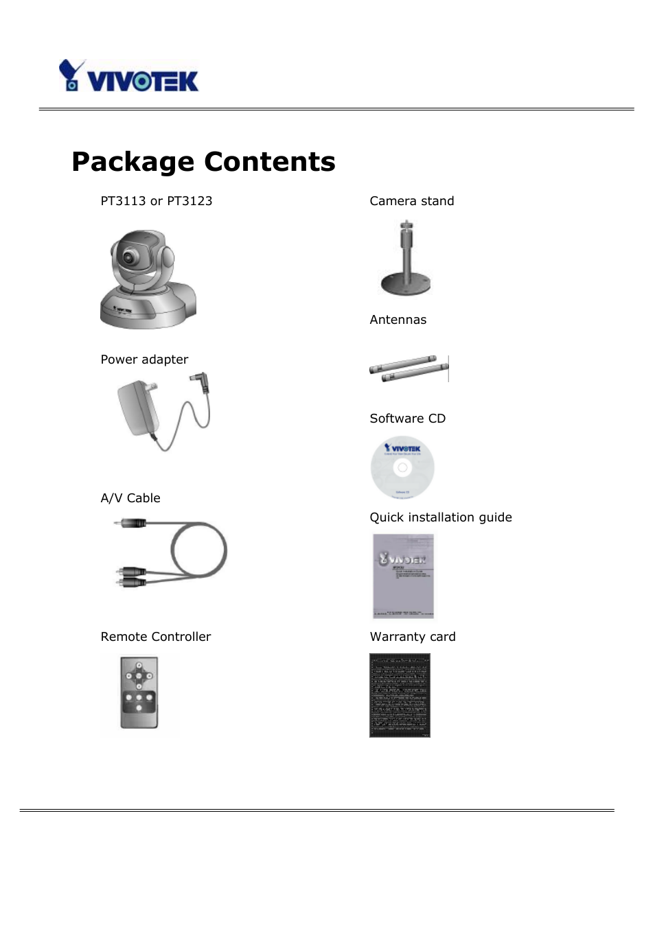 Package contents | Vivotek PT3123 User Manual | Page 6 / 66