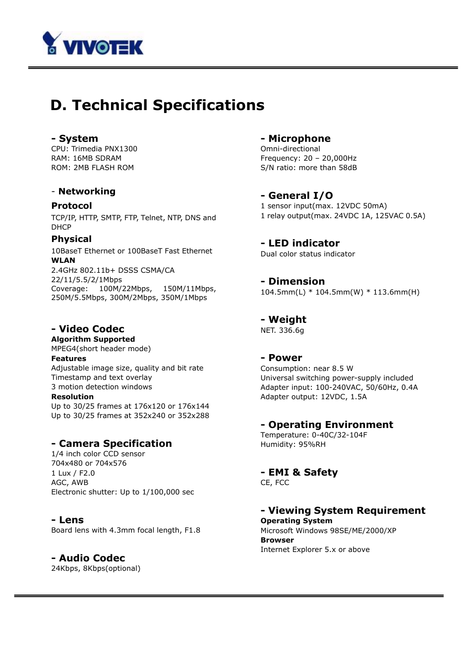 D. technical specifications | Vivotek PT3123 User Manual | Page 65 / 66