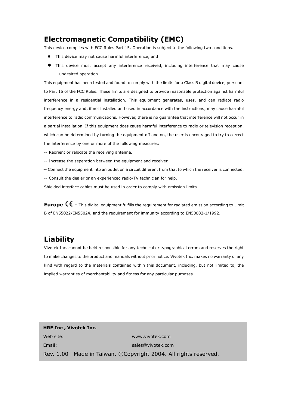Electromagnetic compatibility (emc), Liability | Vivotek PT3123 User Manual | Page 66 / 66