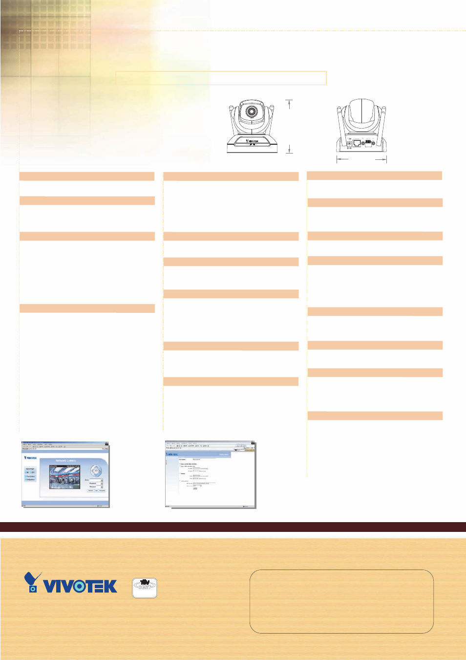 Network camera, Technical specifications, Echnical | Pecifications, Vivotek inc, System, Networking, Video, Pan/tilt, Model | Vivotek PT3113/PT3123 User Manual | Page 2 / 2