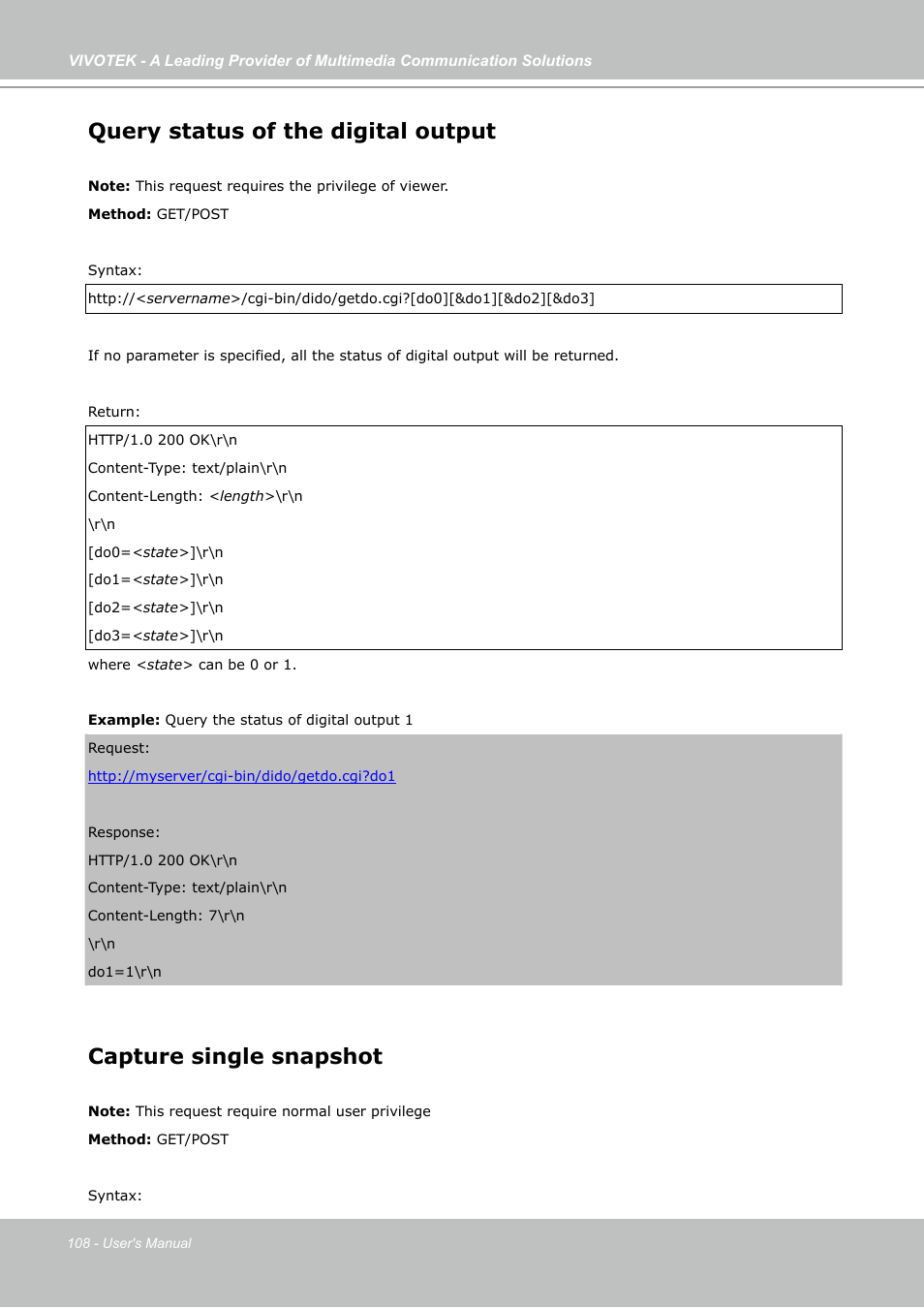 Query status of the digital output, Capture single snapshot | Vivotek PZ7121 User Manual | Page 108 / 118
