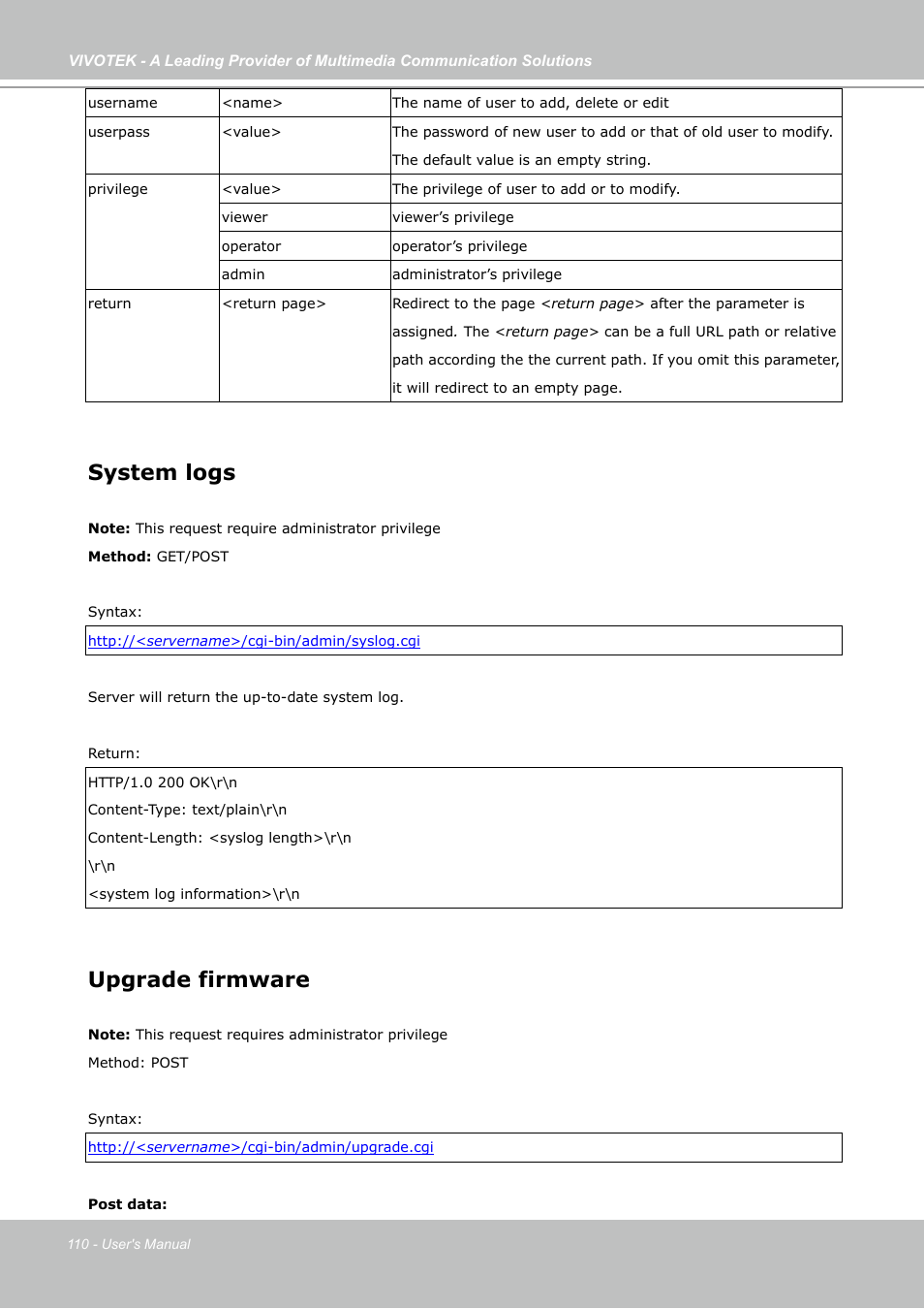 System logs, Upgrade firmware | Vivotek PZ7121 User Manual | Page 110 / 118