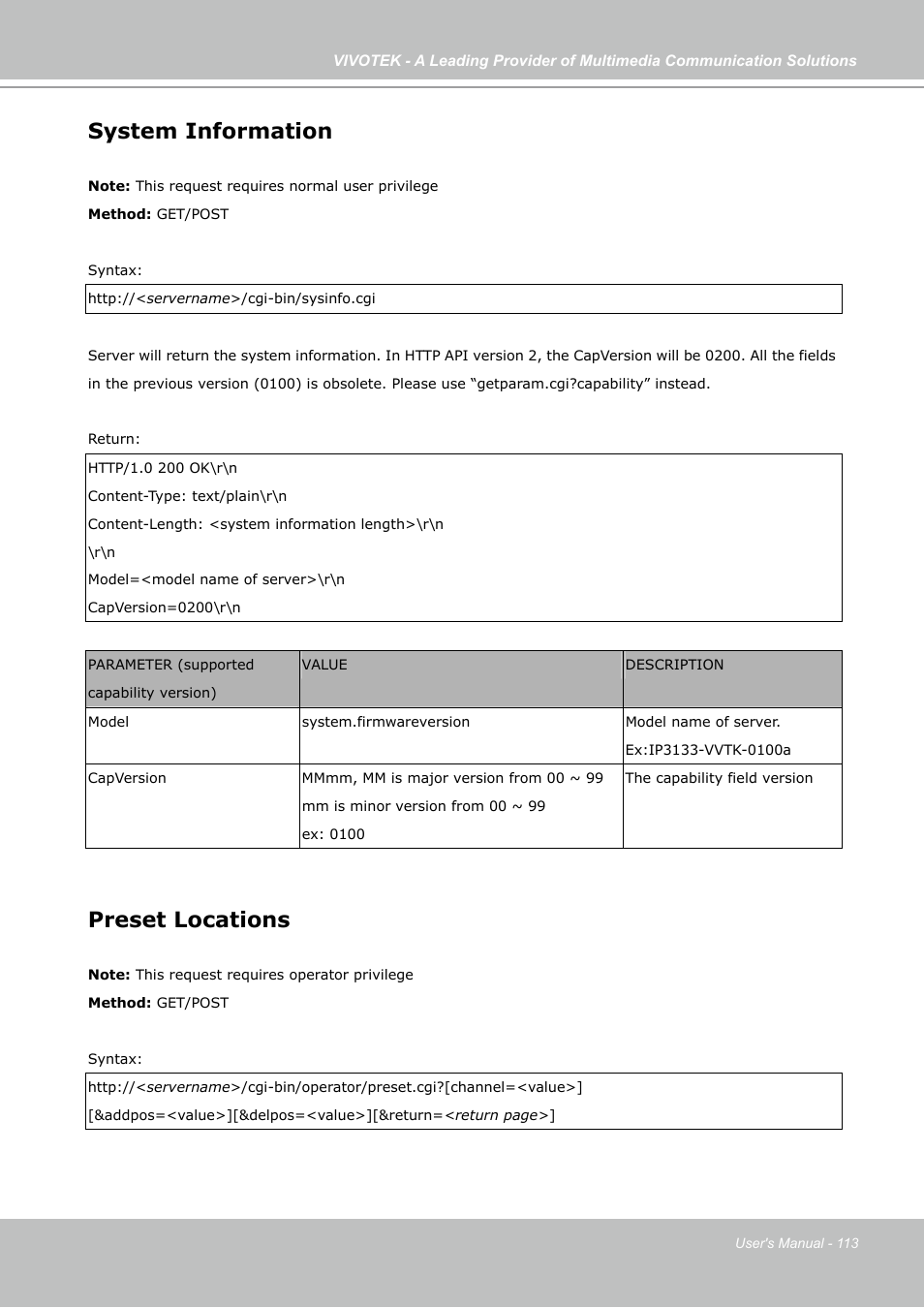 System information, Preset locations | Vivotek PZ7121 User Manual | Page 113 / 118