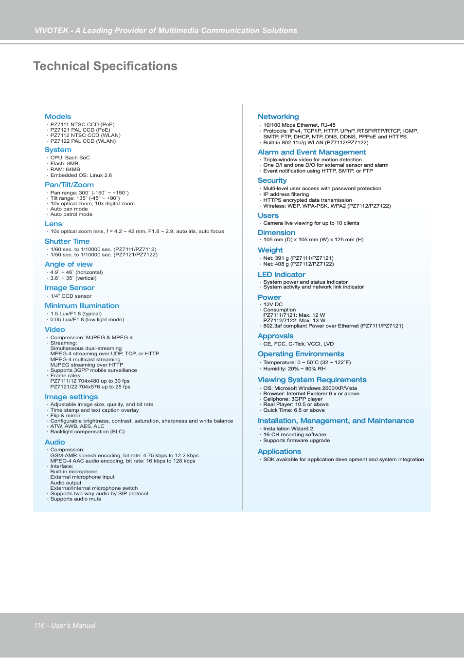Technical specifications, System overview specifications | Vivotek PZ7121 User Manual | Page 116 / 118