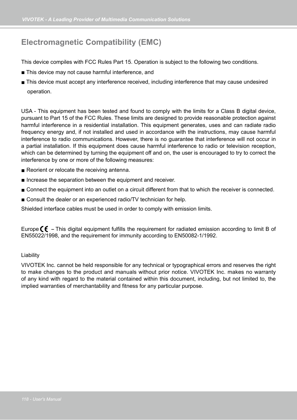 Electromagnetic compatibility (emc) | Vivotek PZ7121 User Manual | Page 118 / 118