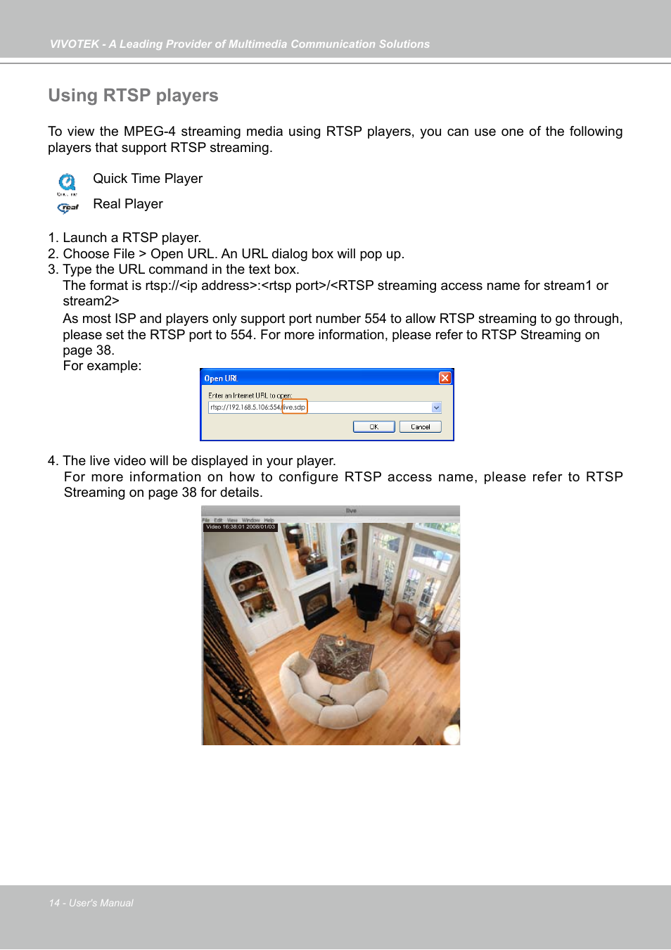 Using rtsp players | Vivotek PZ7121 User Manual | Page 14 / 118