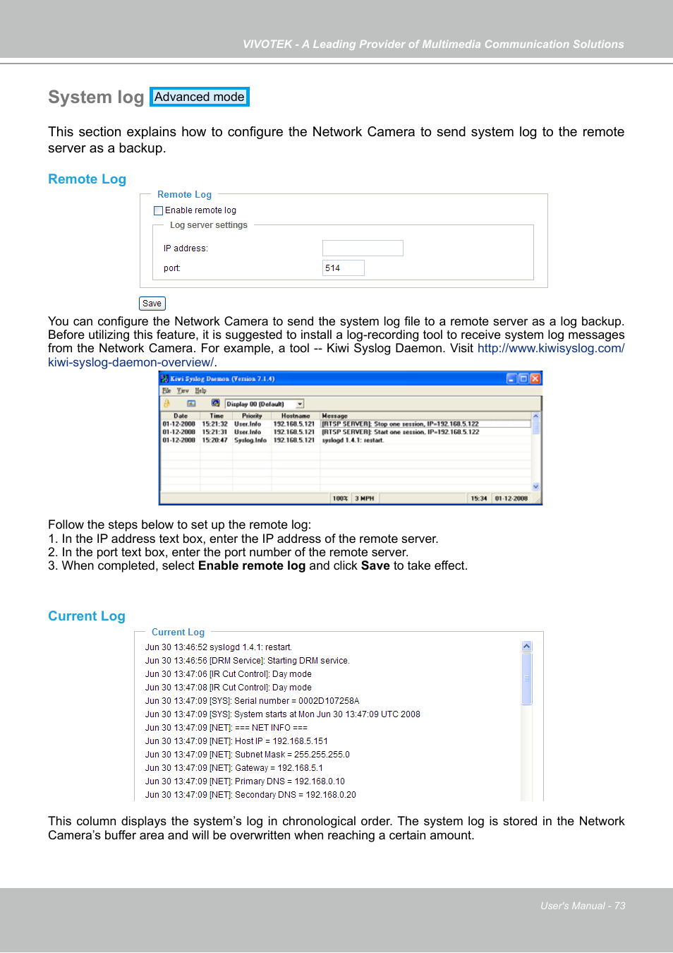 System log | Vivotek PZ7121 User Manual | Page 73 / 118