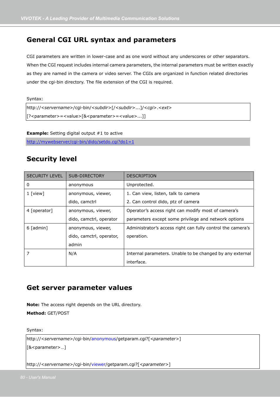 General cgi url syntax and parameters, Security level, Get server parameter values | Vivotek PZ7121 User Manual | Page 80 / 118