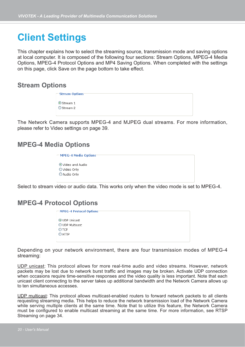 Client settings, Stream options, Mpeg-4 media options | Mpeg-4 protocol options | Vivotek SD7151 User Manual | Page 20 / 99