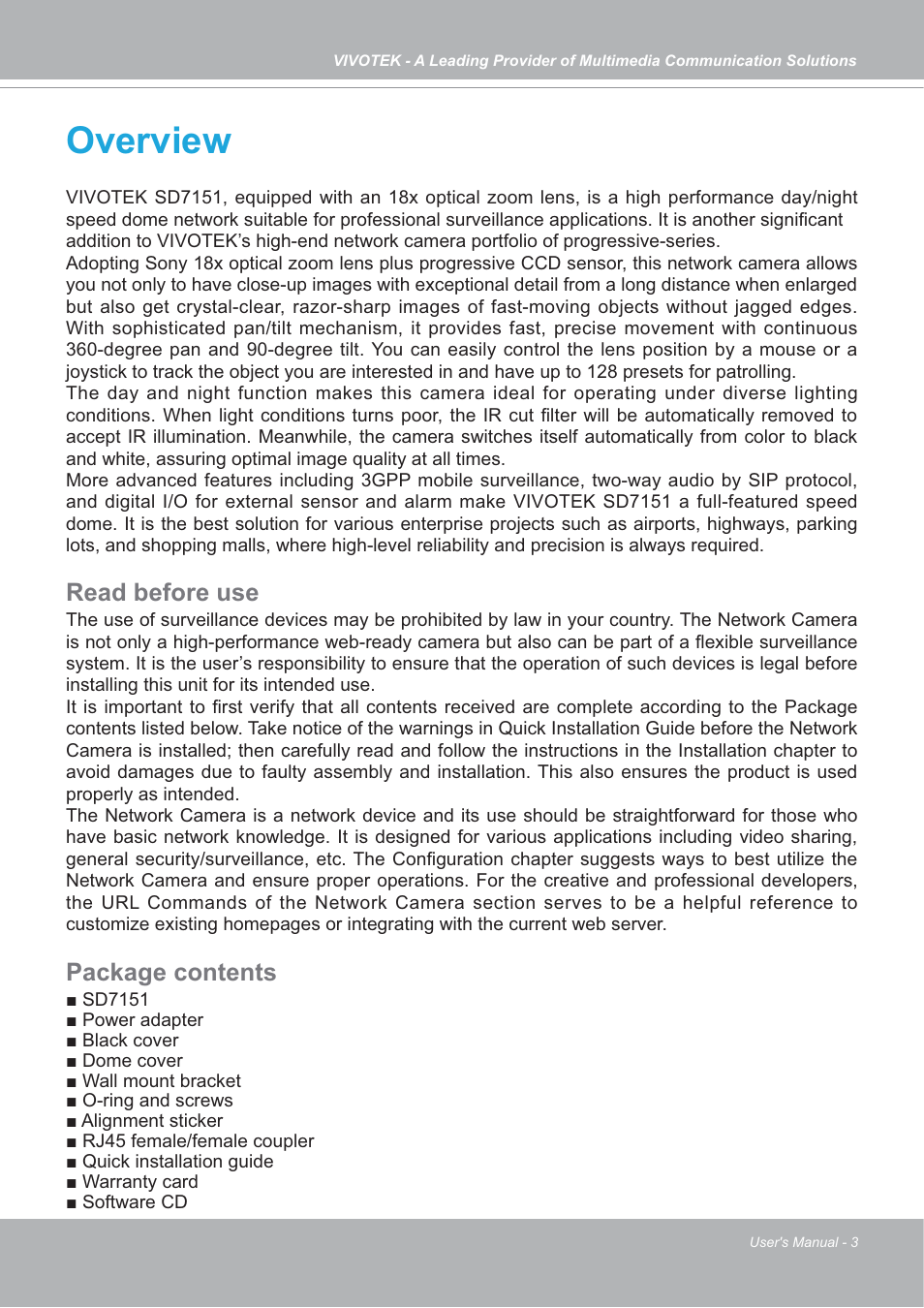 Overview | Vivotek SD7151 User Manual | Page 3 / 99