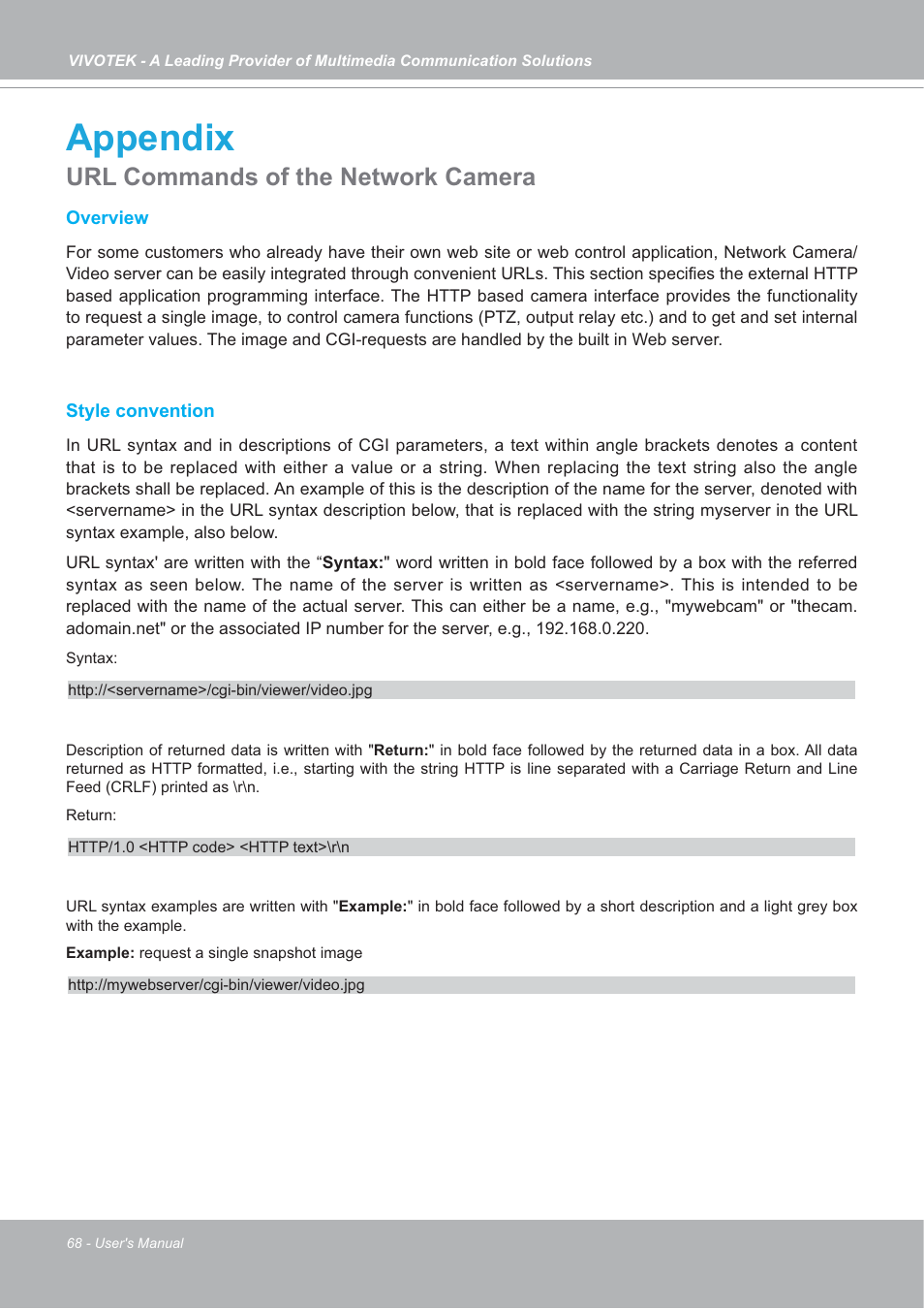 Appendix, Url commands of the network camera | Vivotek SD7151 User Manual | Page 68 / 99