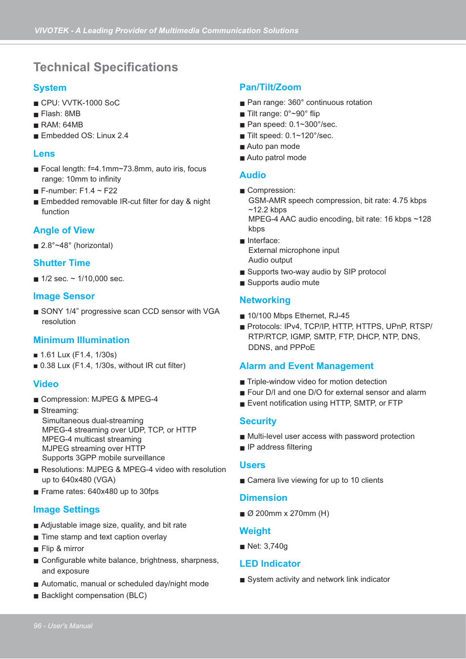 Technical specifications | Vivotek SD7151 User Manual | Page 96 / 99