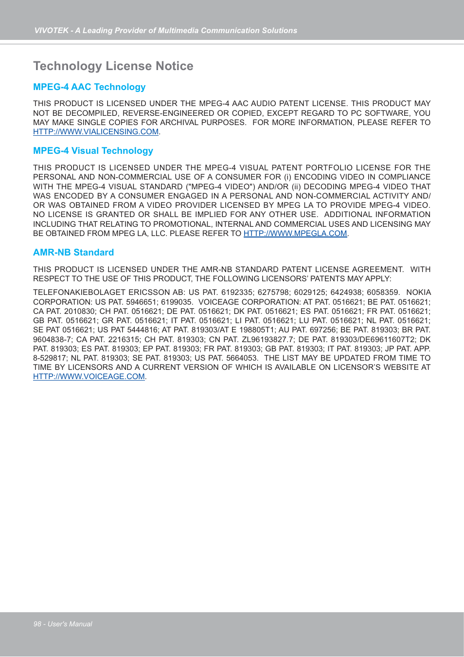 Technology license notice | Vivotek SD7151 User Manual | Page 98 / 99