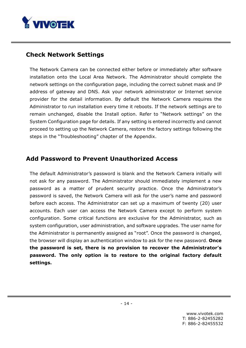 Check network settings, Add password to prevent unauthorized access | Vivotek FD6121V User Manual | Page 18 / 91