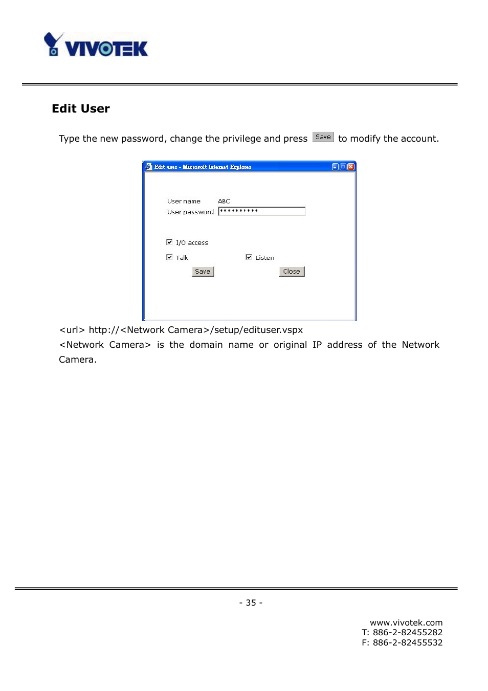 Edit user | Vivotek FD6121V User Manual | Page 39 / 91