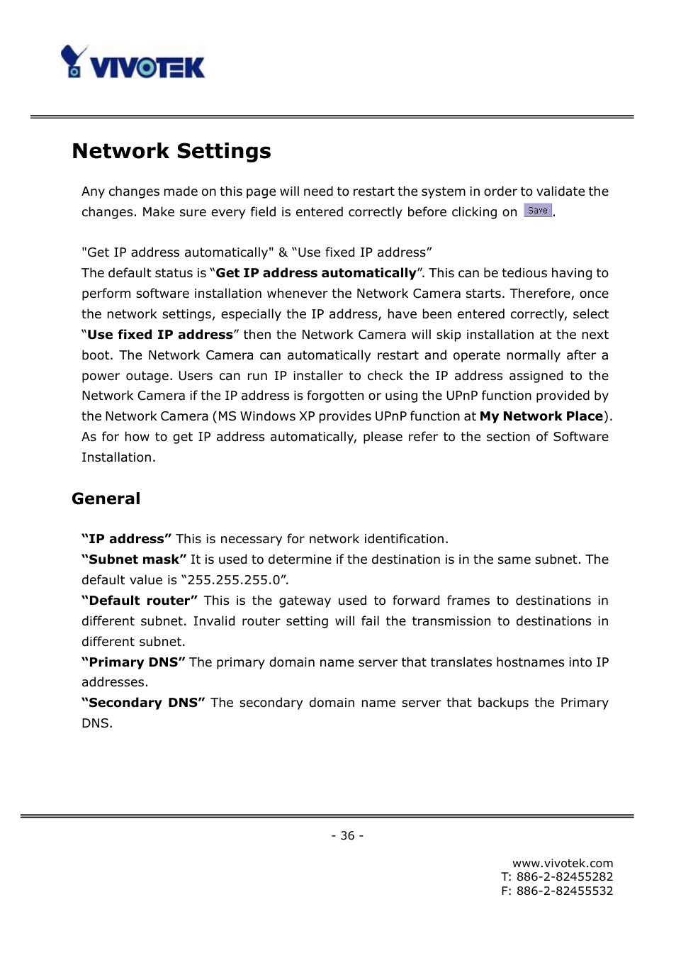 Network settings, General | Vivotek FD6121V User Manual | Page 40 / 91