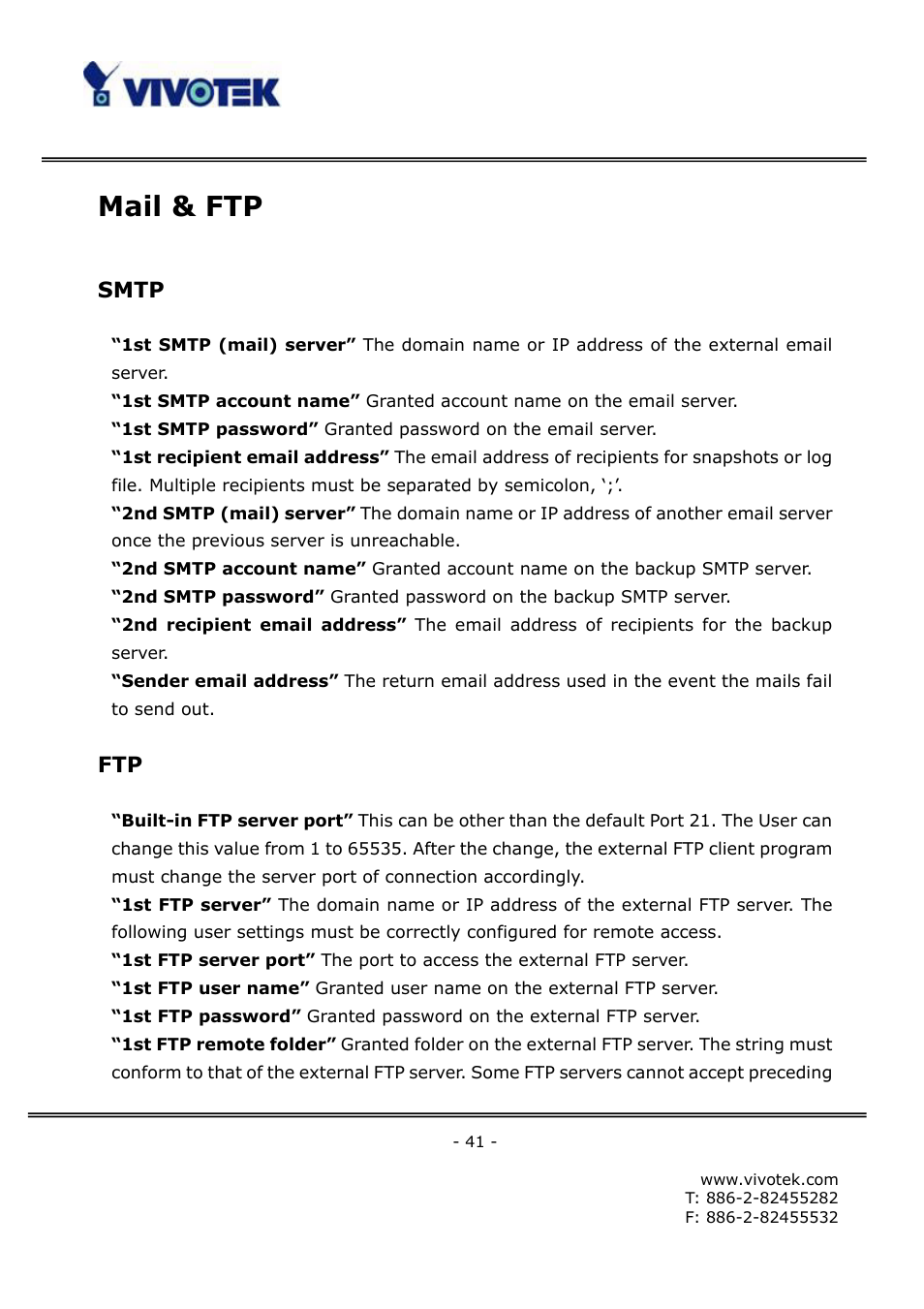 Mail & ftp, Smtp | Vivotek FD6121V User Manual | Page 45 / 91