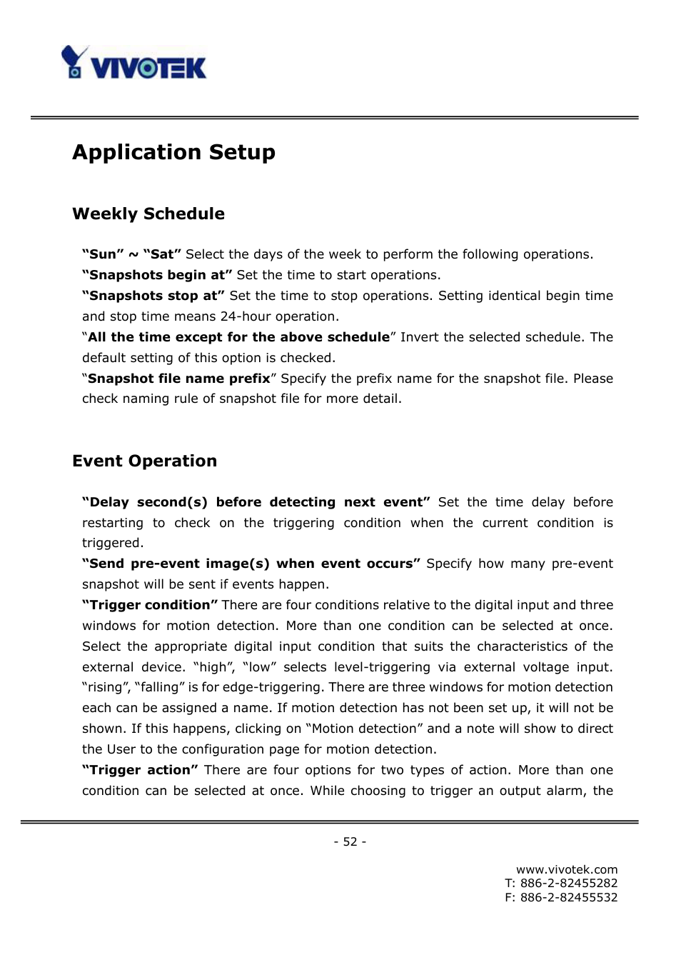 Application setup, Weekly schedule, Event operation | Vivotek FD6121V User Manual | Page 56 / 91