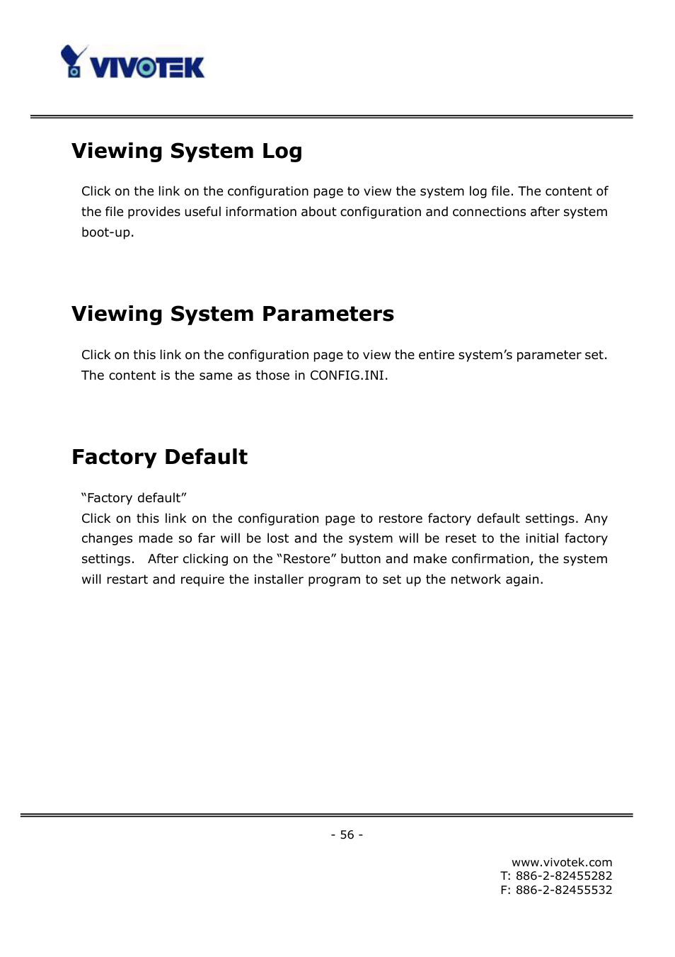 Viewing system log, Viewing system parameters, Factory default | Vivotek FD6121V User Manual | Page 60 / 91