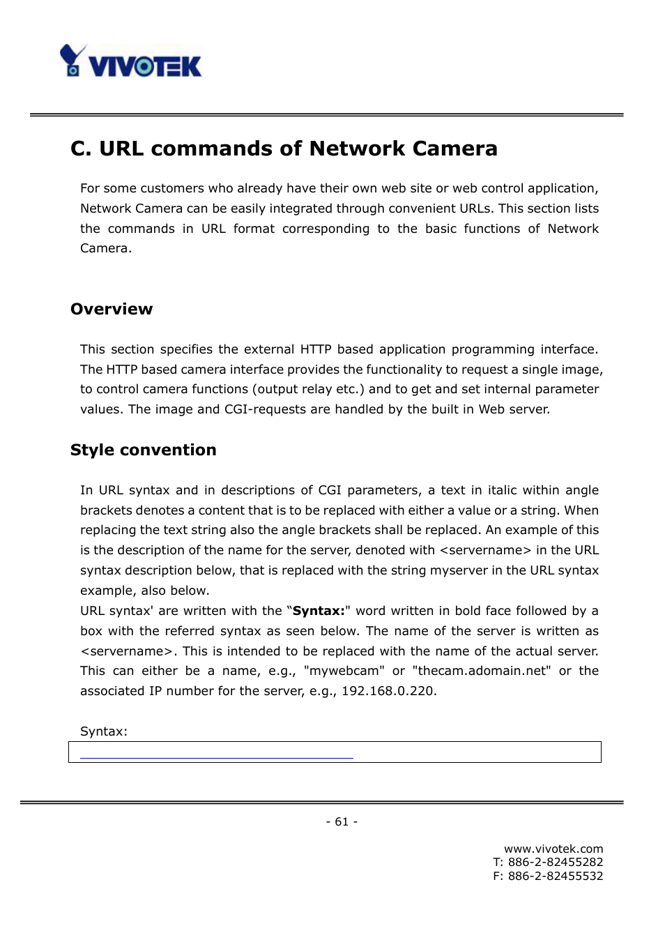 C. url commands of network camera, Overview, Style convention | Vivotek FD6121V User Manual | Page 65 / 91