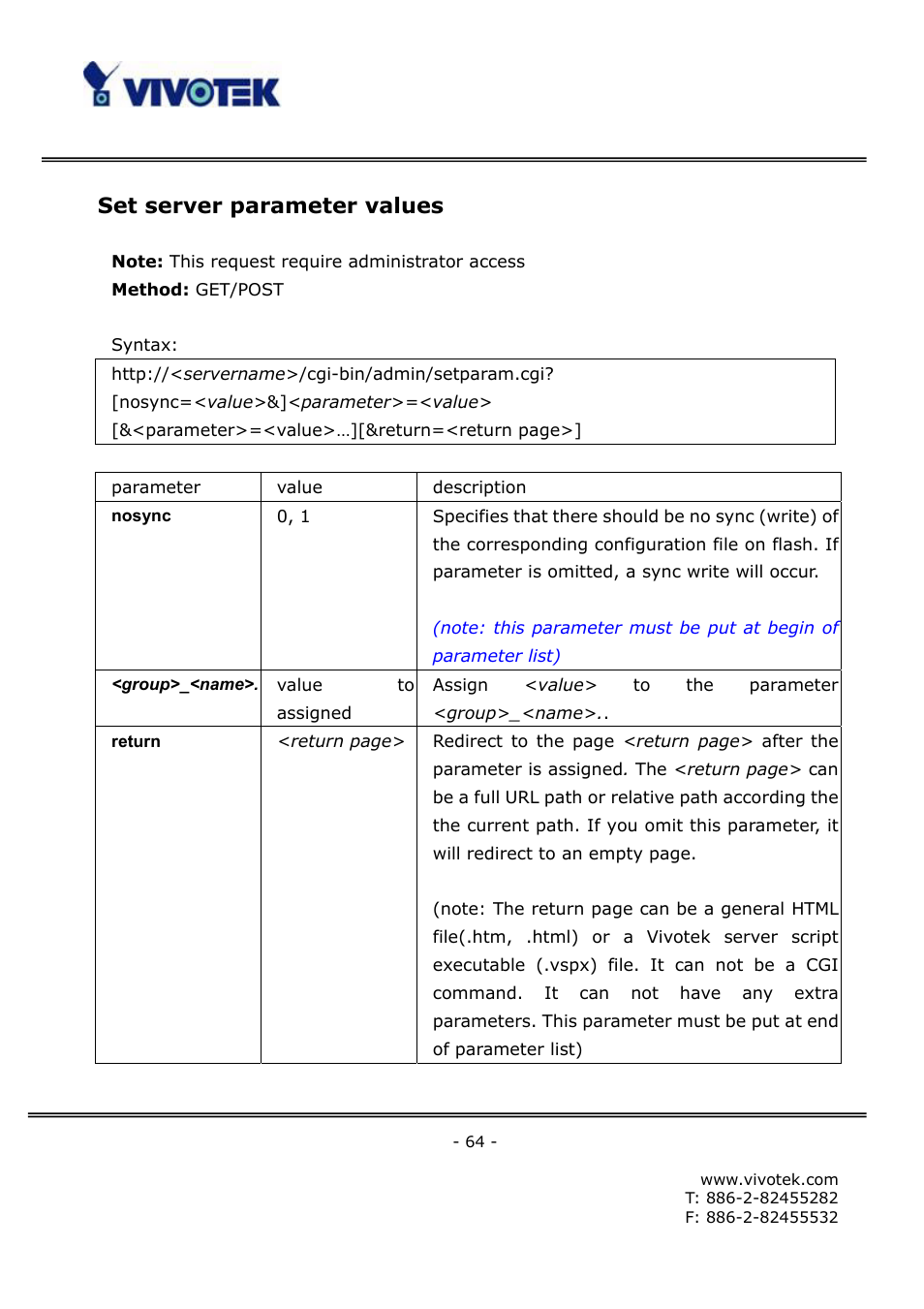 Set server parameter values | Vivotek FD6121V User Manual | Page 68 / 91