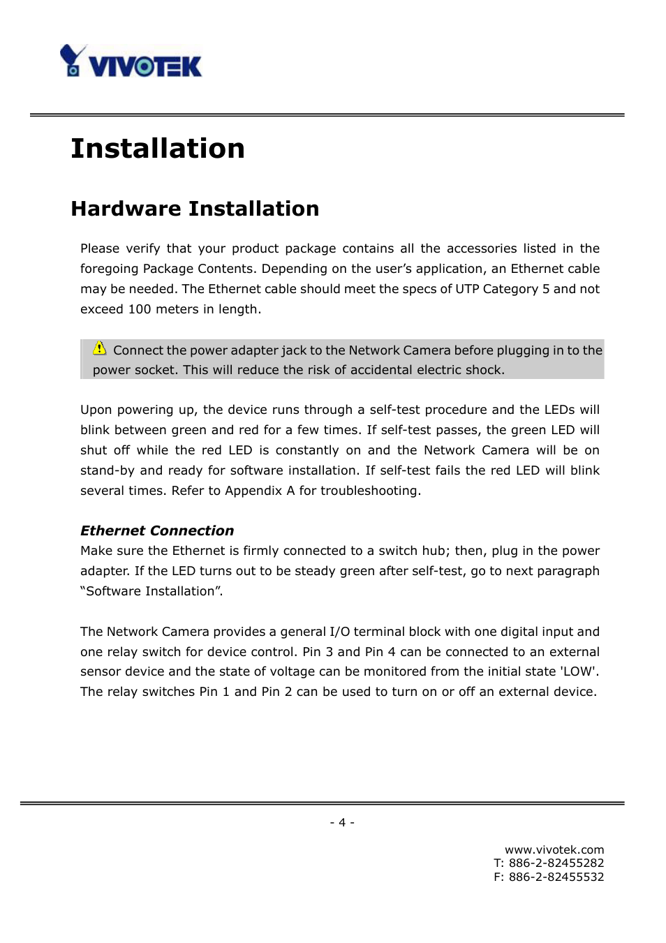 Installation, Hardware installation | Vivotek FD6121V User Manual | Page 8 / 91