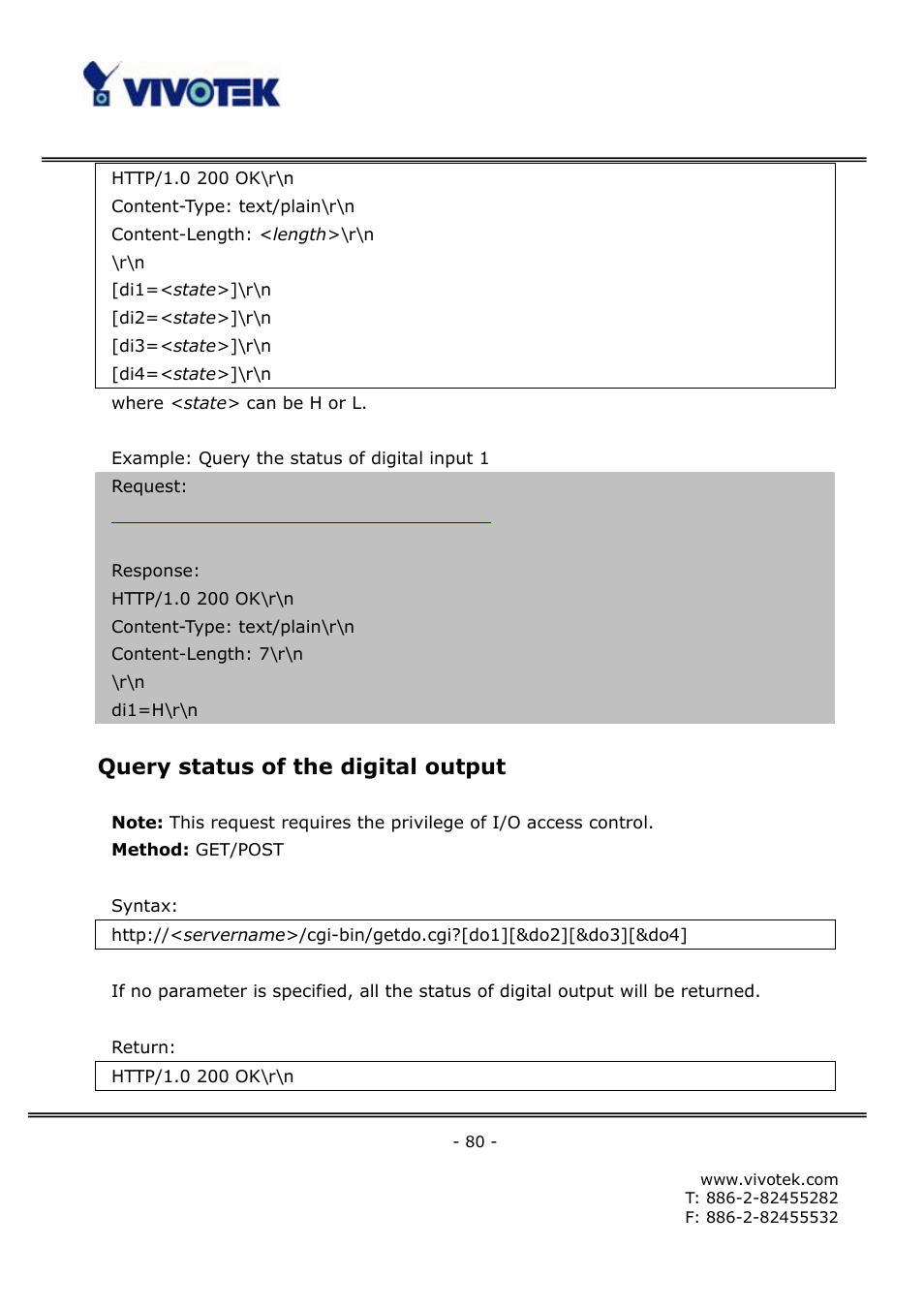 Query status of the digital output | Vivotek FD6121V User Manual | Page 84 / 91