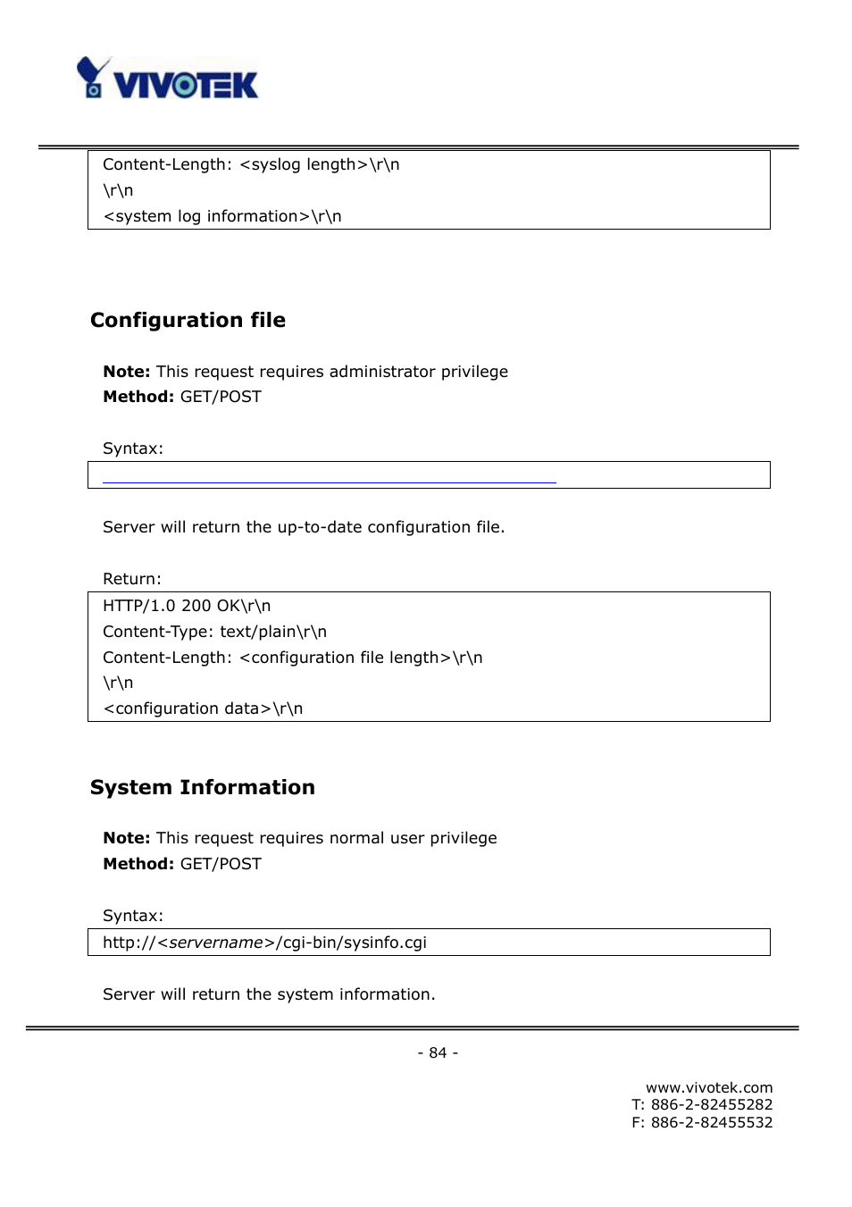 Configuration file, System information | Vivotek FD6121V User Manual | Page 88 / 91