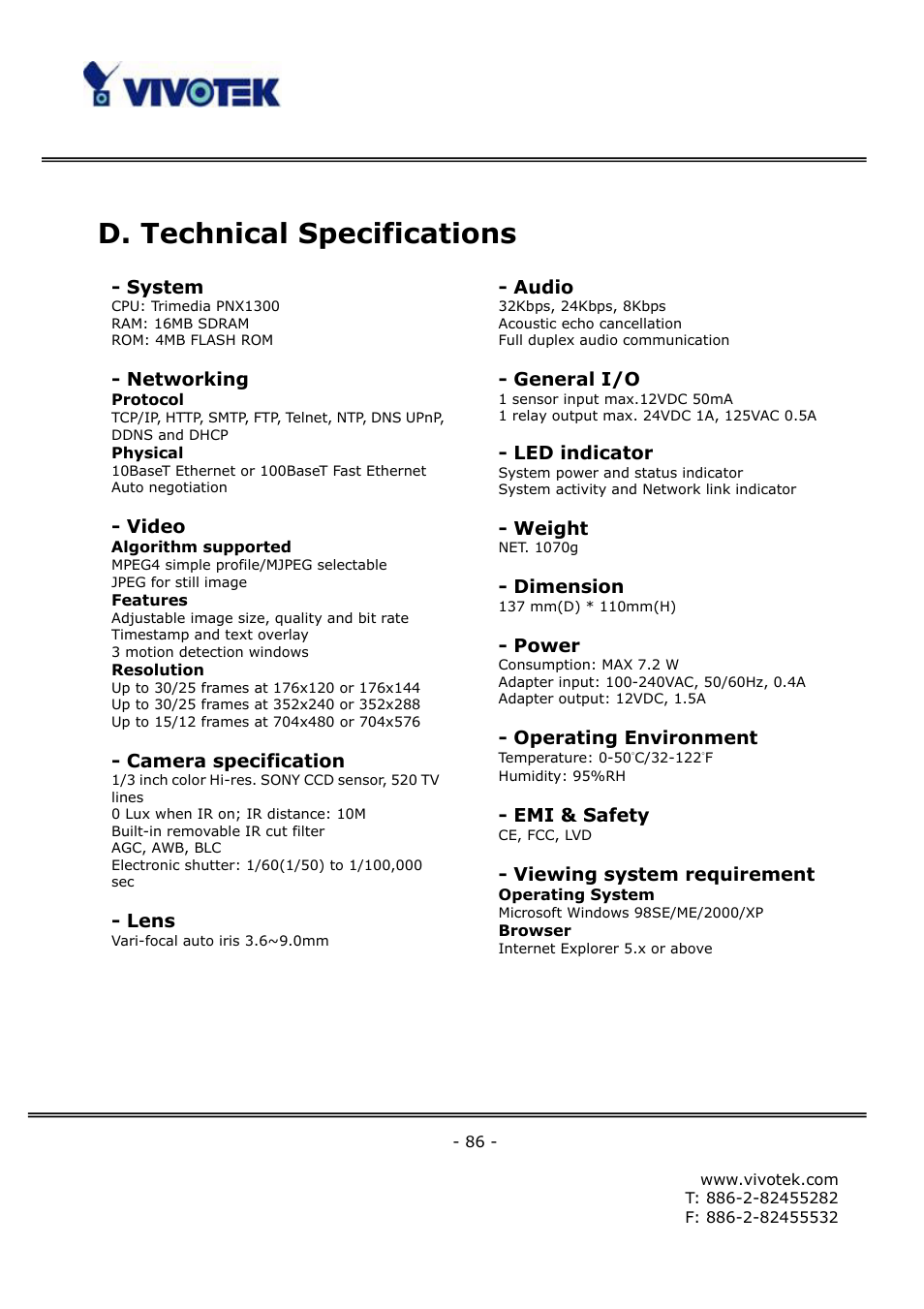 D. technical specifications | Vivotek FD6121V User Manual | Page 90 / 91