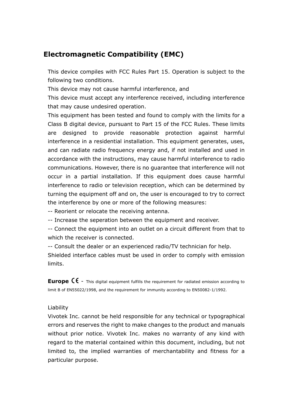 Electromagnetic compatibility (emc) | Vivotek FD6121V User Manual | Page 91 / 91