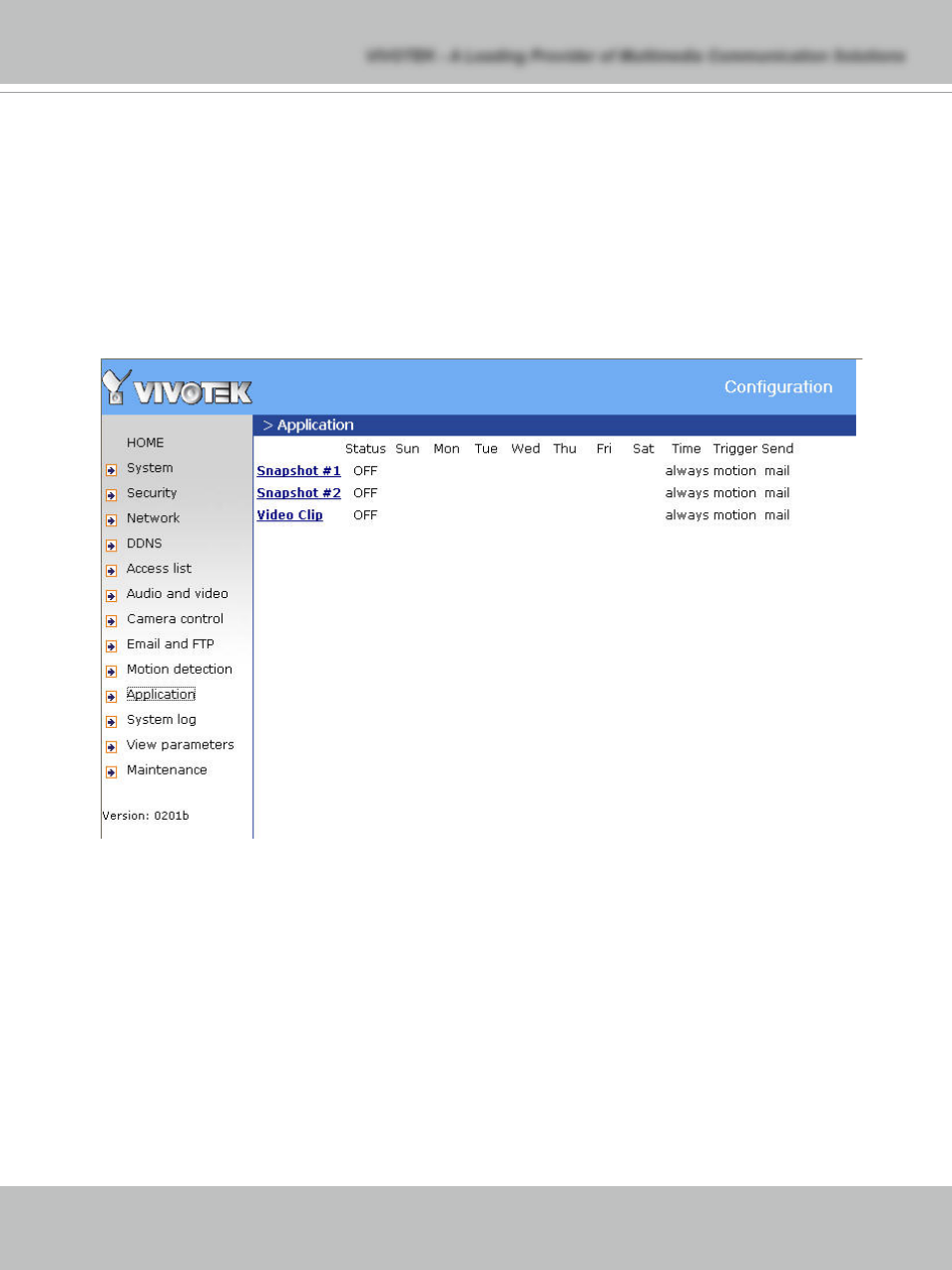 Application settings, Snapshot, Weekly schedule | Vivotek PT7135 User Manual | Page 45 / 77