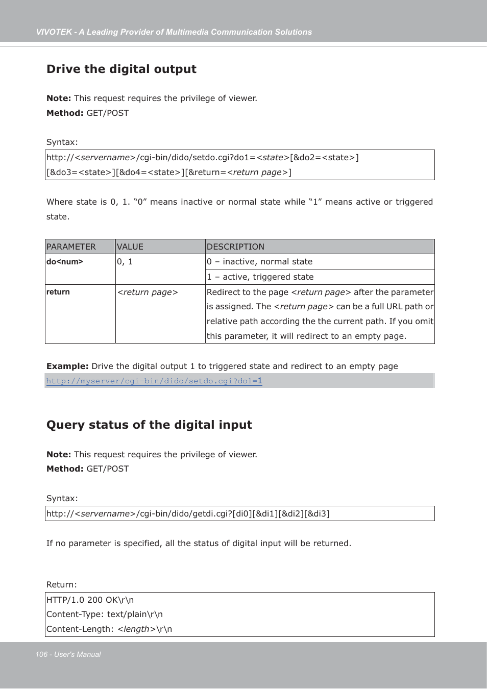 Drive the digital output, Query status of the digital input | Vivotek FD7132 User Manual | Page 106 / 115