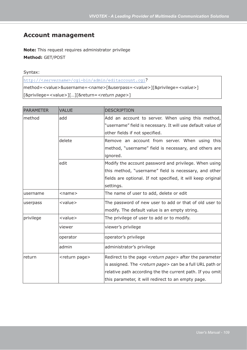Account management | Vivotek FD7132 User Manual | Page 109 / 115