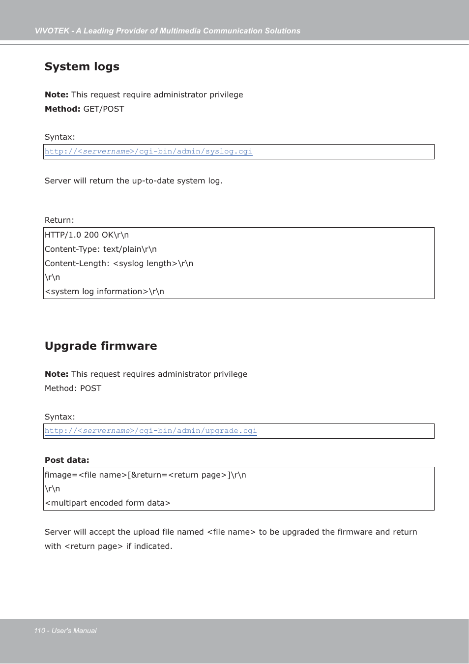 System logs, Upgrade firmware | Vivotek FD7132 User Manual | Page 110 / 115
