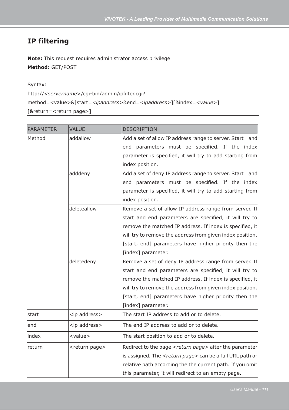 Ip filtering | Vivotek FD7132 User Manual | Page 111 / 115