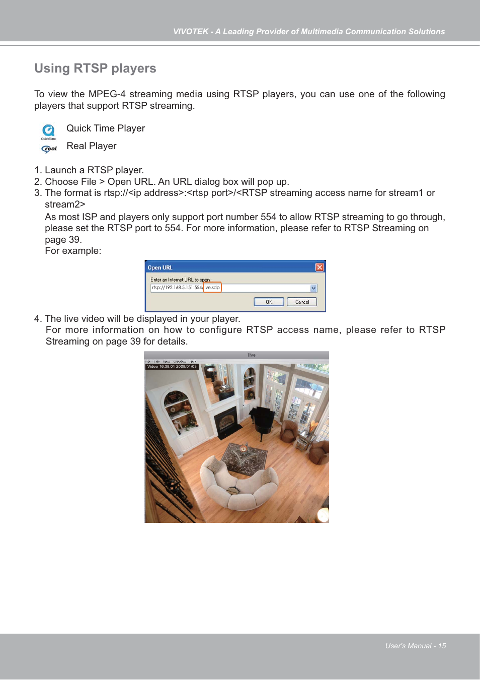 Using rtsp players | Vivotek FD7132 User Manual | Page 15 / 115