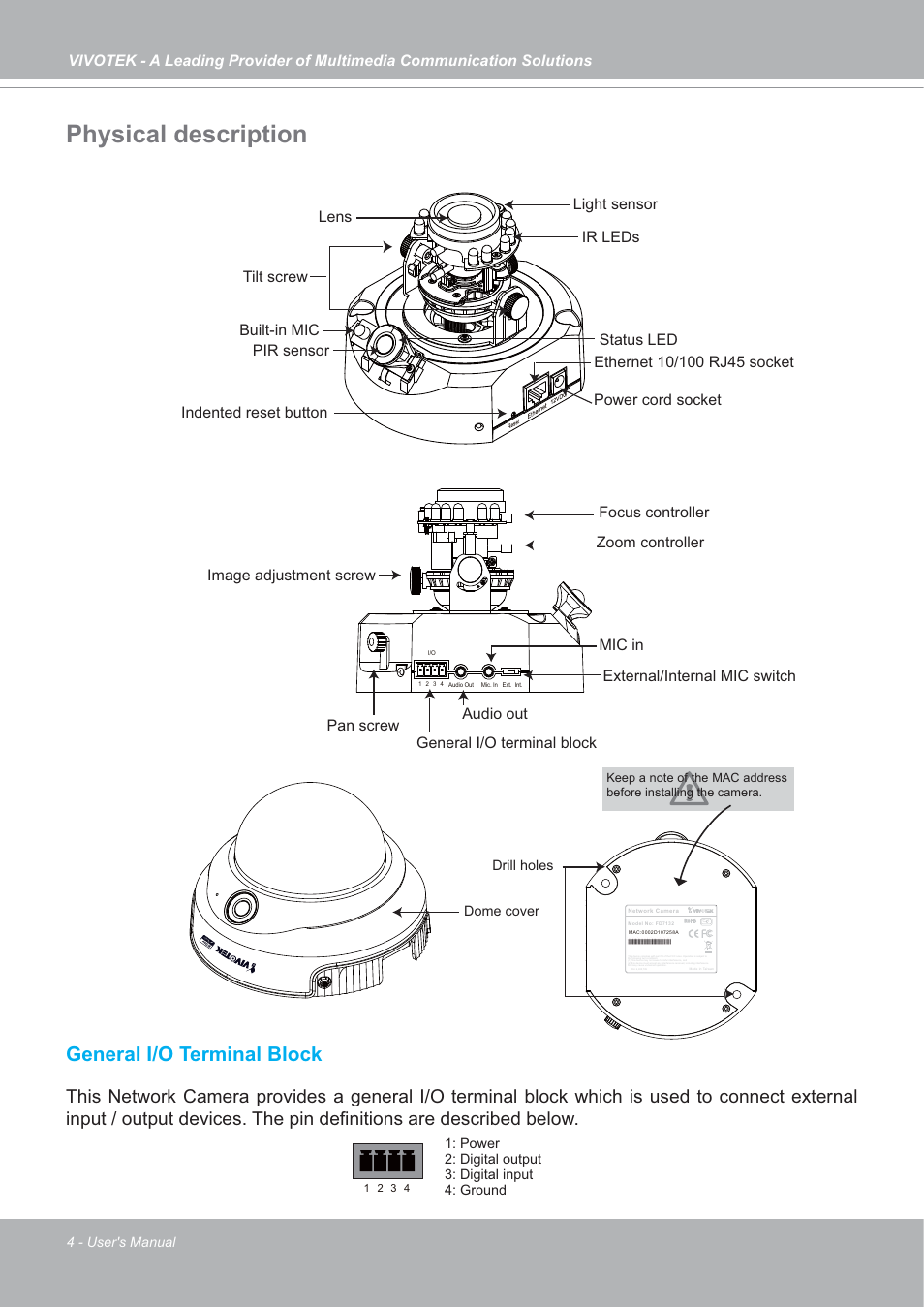 Physical description, General i/o terminal block | Vivotek FD7132 User Manual | Page 4 / 115