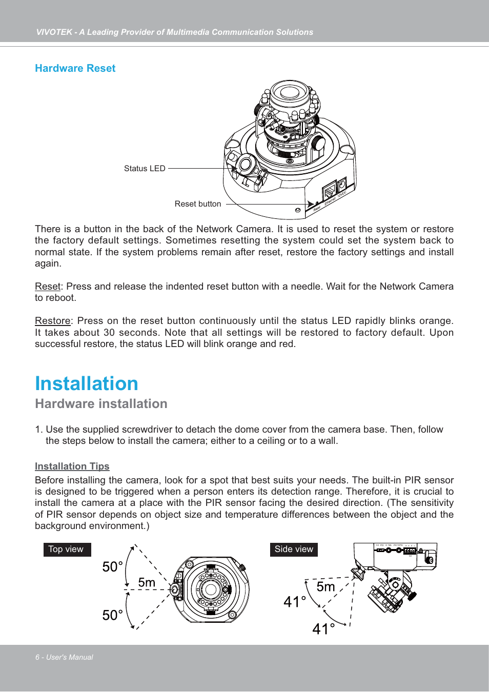 Installation, Hardware installation, Hardware reset | Vivotek FD7132 User Manual | Page 6 / 115