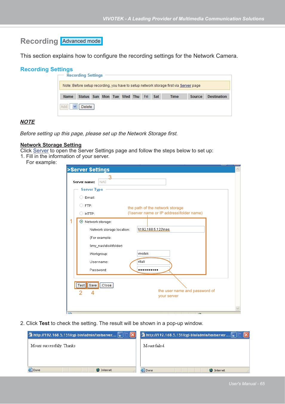 Recording | Vivotek FD7132 User Manual | Page 65 / 115