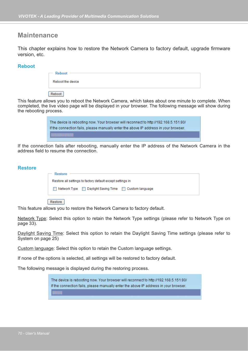 Maintenance | Vivotek FD7132 User Manual | Page 70 / 115