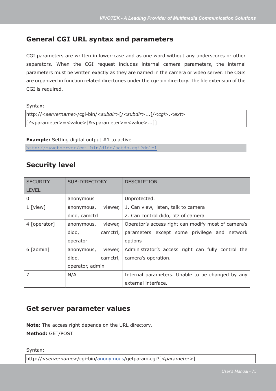 General cgi url syntax and parameters, Security level, Get server parameter values | Vivotek FD7132 User Manual | Page 75 / 115