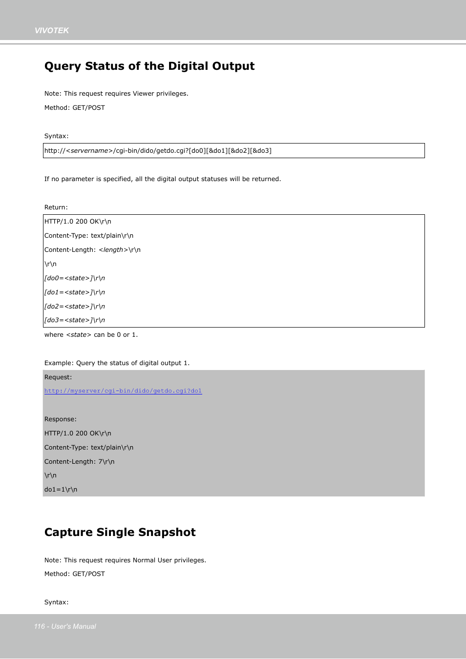 Query status of the digital output, Capture single snapshot | Vivotek PZ7112 User Manual | Page 116 / 126