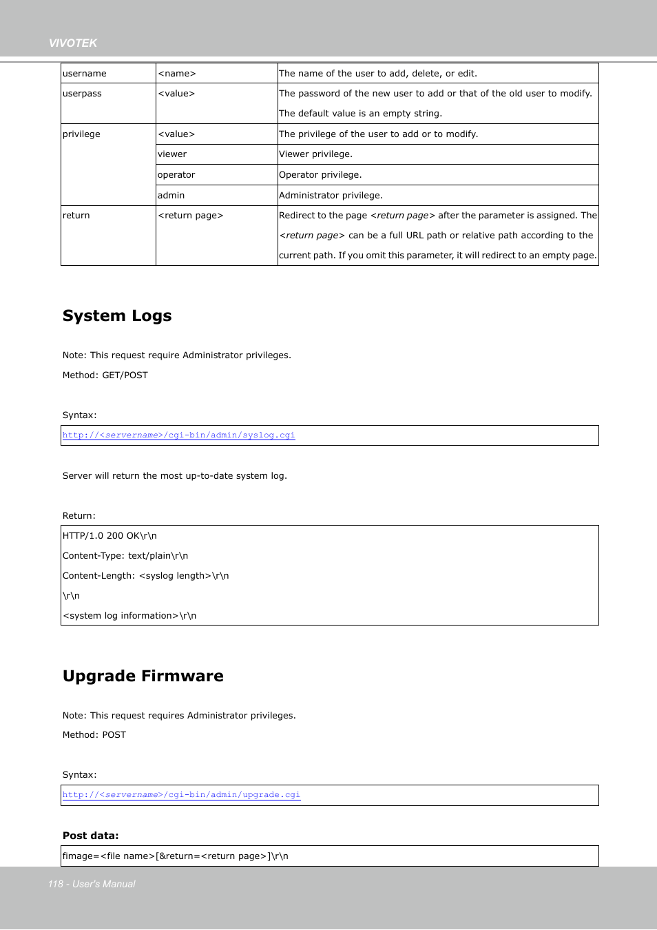 System logs, Upgrade firmware | Vivotek PZ7112 User Manual | Page 118 / 126